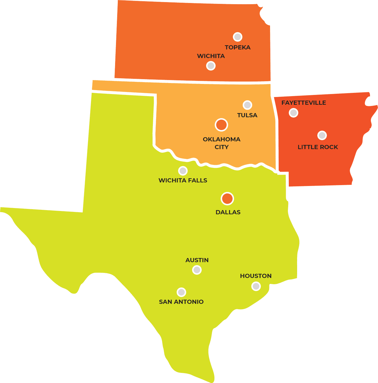 Map of Texas, Oklahoma, Arkansas, and Kansas