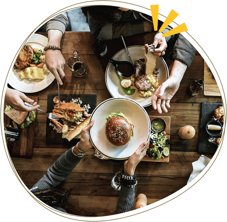 Friends all together at restaurant having meal