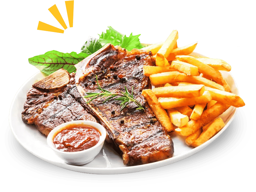 Tender grilled porterhouse or t-bone steak served with crisp golden French fries